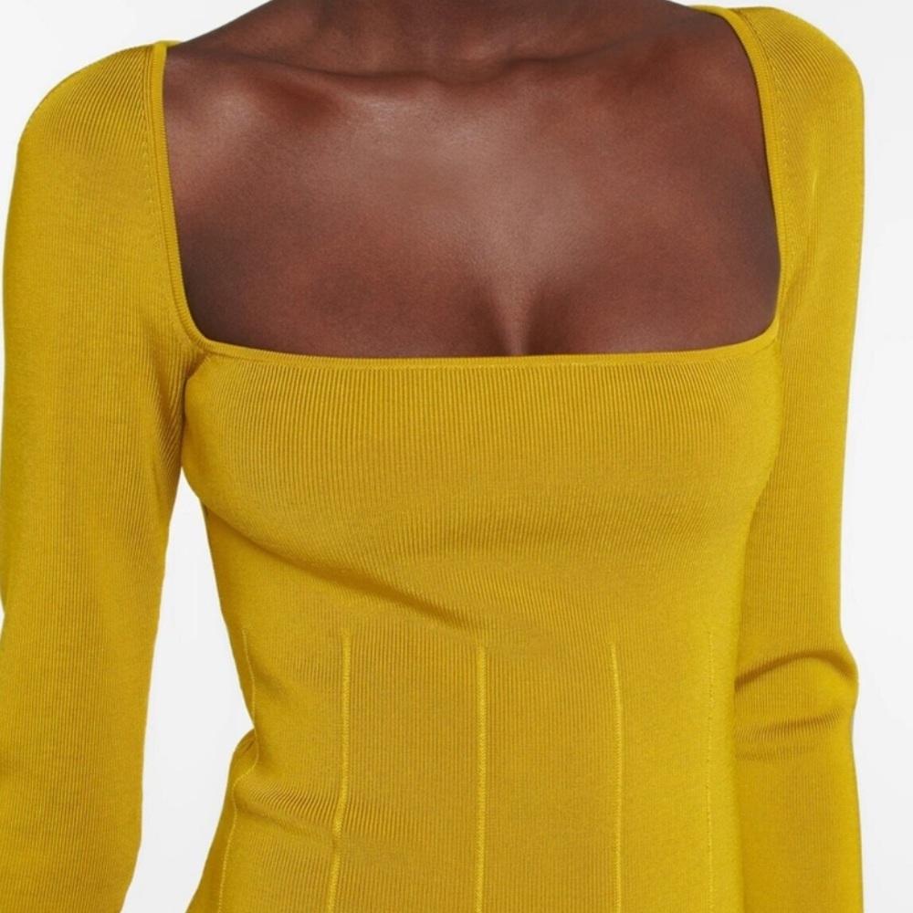 Olive-Gold Square Neck Midi Dress - Picture 2 of 7
